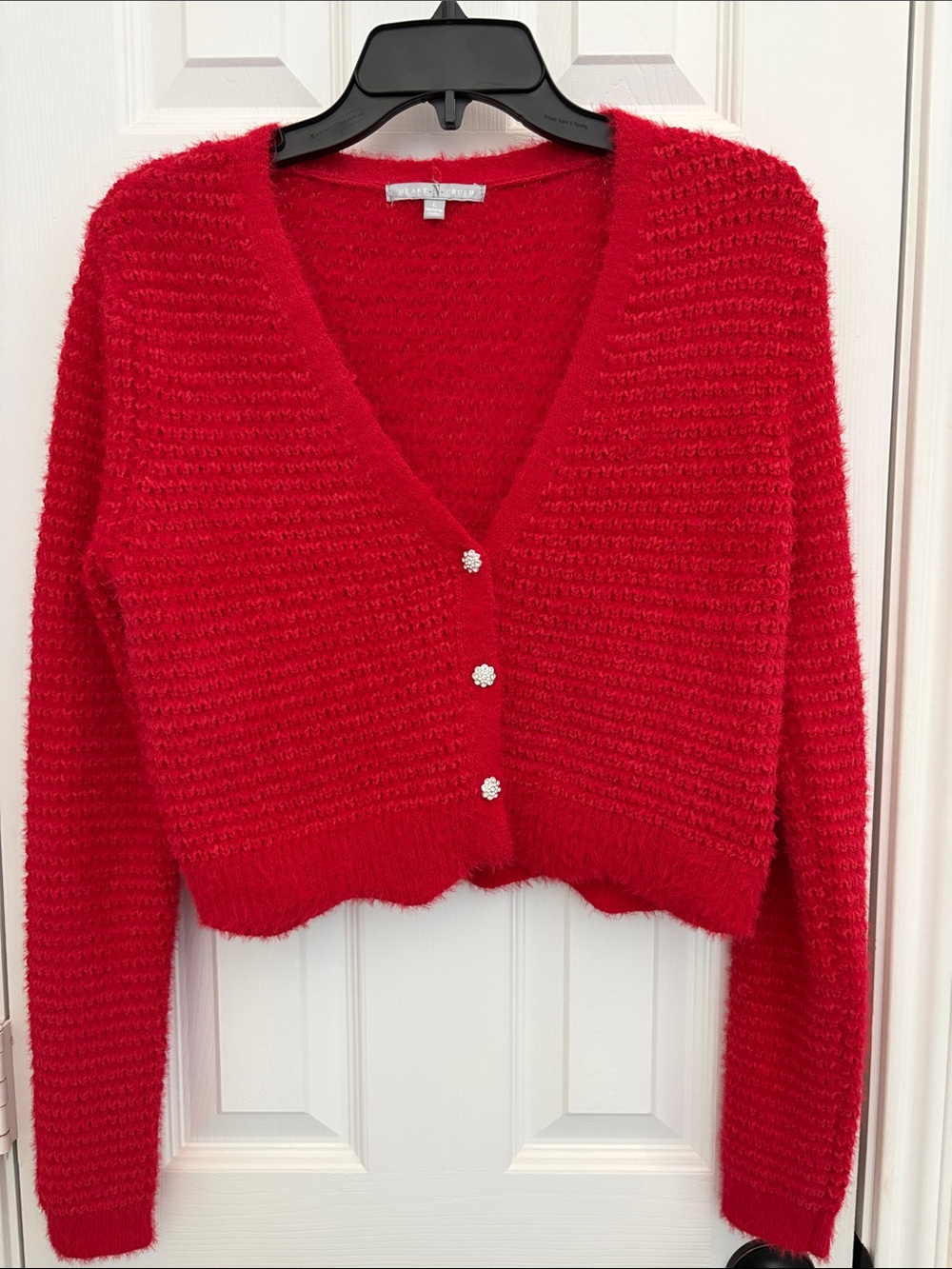 Cozy Red Fuzzy V‑Neck Cropped Cardigan with Decorative Buttons